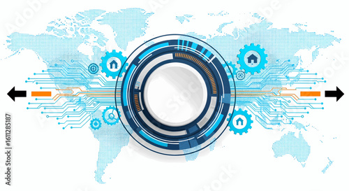 Global technology and communication concept featuring a futuristic HUD interface with circuitry and gears over a world map.