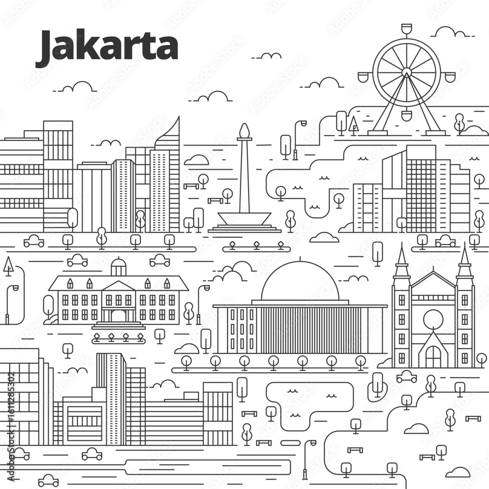 Obraz premium Cityscape in line art style. View with culture, houses, trees and clouds. Wonderful Indonesia. Jakarta city