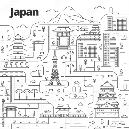 Cityscape in line art style. View with culture, houses, trees and clouds. Japan City