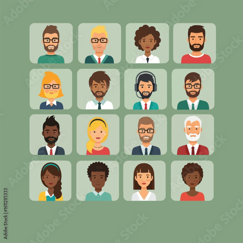A grid of sixteen diverse avatar portraits of people with varying hairstyles, skin tones, and facial features.