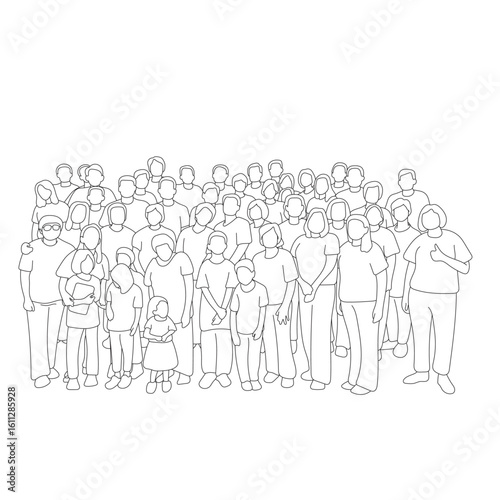 group of men and women standing together illustration vector hand drawn with black lines isolated on white background.