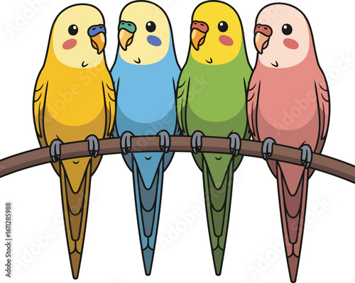 Four colorful cartoon budgies perched together on a branch against a white background