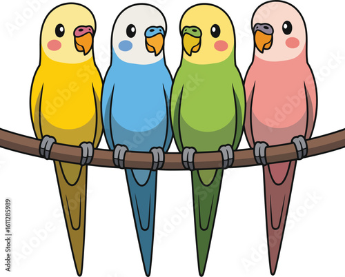 Four colorful budgies perched together on a branch in a row