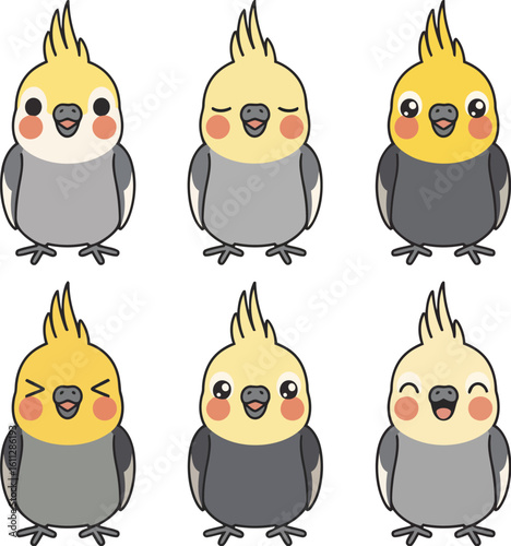 Cute kawaii cockatiel birds with different adorable expressions and emotions