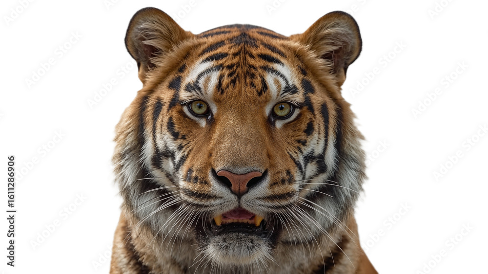 Fototapeta premium portrait of a Bengal lion staring directly at the camera with piercing golden eyes and a regal expression PNG cut out