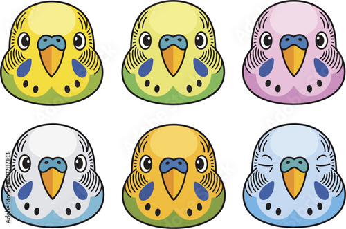 Six cute cartoon budgies in different bright colors arranged in two rows