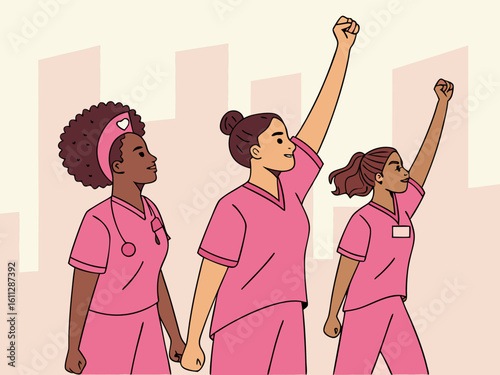 Diverse group of nurses standing together in solidarity raising fists in the air in protest