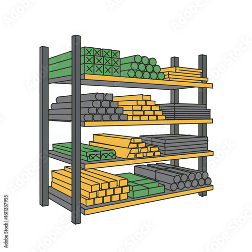 Industrial racking system with assorted metal profiles and construction materials organized for a blacksmith or fabrication shop.