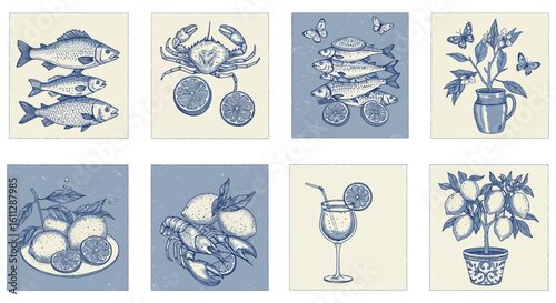 Nautical summer drawings with lemons fish crab  lemonade