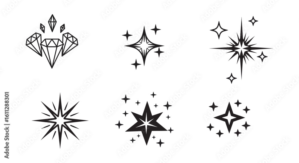 Fototapeta premium Sparkling Shine Icons Diamond Jewel Sparkle Star Vector Set
