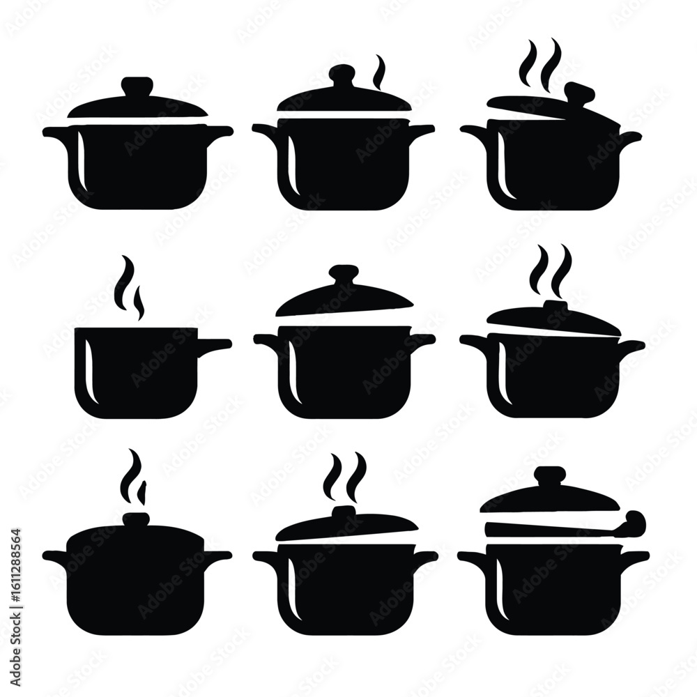 Cooking pot silhouette vector set kitchenware saucepan silhouette stockpot cookware utensil icon illustration Cooking pot silhouette vector set kitchenware saucepan silhouette stockpot cookware utensil icon illustration