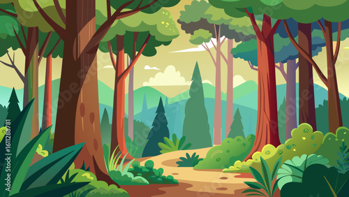 Vector art of a sunlit forest path leads through tall trees and dense green bushes towards distant, hazy mountains