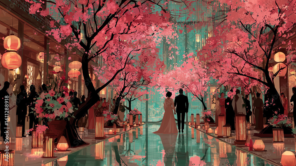 Fototapeta premium 桜が咲き誇る幻想的な日本の婚礼会場、新郎新婦の和装姿が映える夜の光景、伝統的な和の要素とモダンな建築美が融合する幻想的イラスト素材