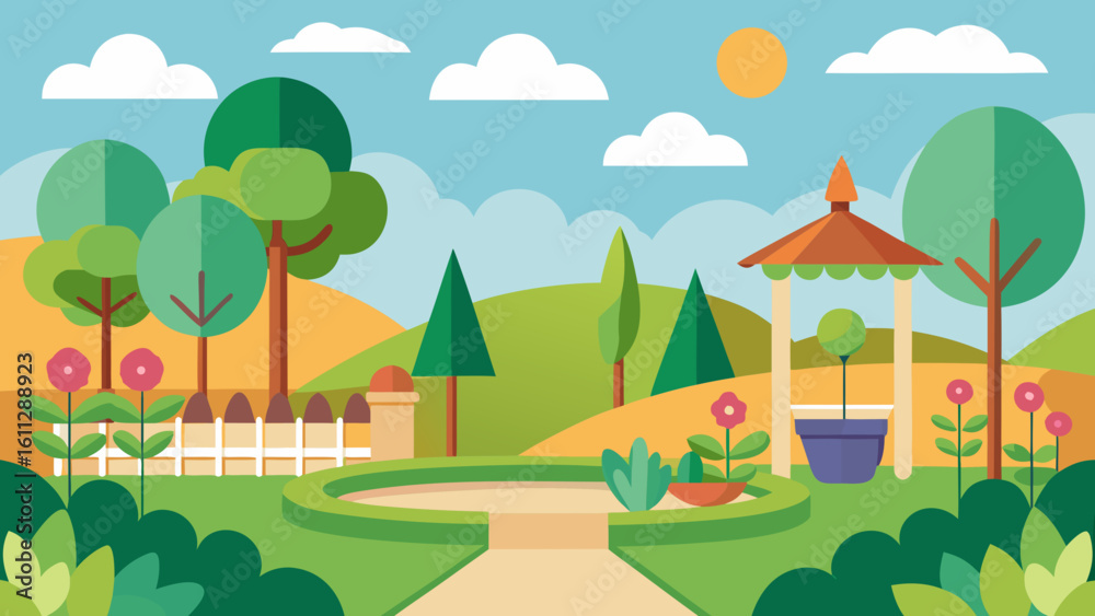 Fototapeta premium Vector art of a vibrant flat design illustration of a lush garden with a gazebo and blooming flowers under a sunny sky