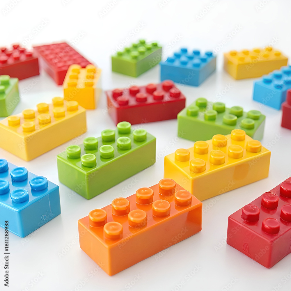 Fototapeta premium 3D-rendered colorful toy bricks in assorted shapes and sizes.