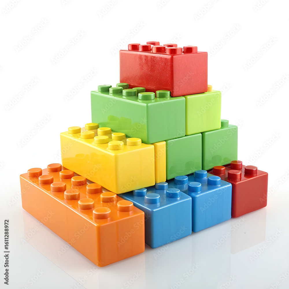 Fototapeta premium 3D-rendered colorful toy bricks in assorted shapes and sizes.