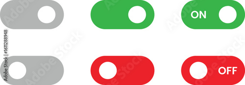 Flat toggle switch UI set, green on, red off, gray neutral buttons for app interface, web design, dashboard or mobile screen
