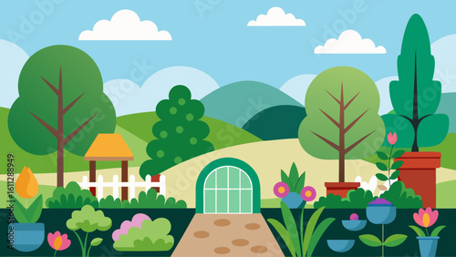 Vector art of a charming flat design illustration of a garden path leading to an arched doorway, surrounded by trees and flowers