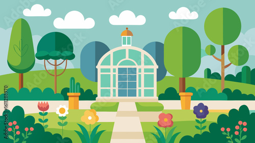 Vector art of a beautiful flat design illustration of a garden with a central greenhouse, surrounded by trees, flowers, and clouds