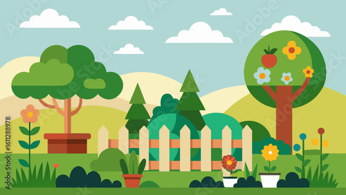 Vector art of a vibrant cartoon garden scene features trees, flowers, and a picket fence under a bright blue sky with scattered clouds
