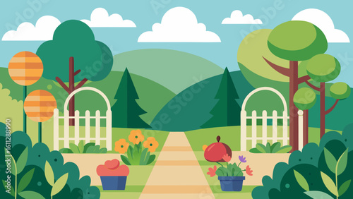 Vector art of a charming cartoon garden path leads through white picket fences and blooming flowers under a blue sky with fluffy clouds