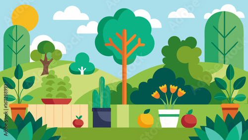 Vector art of a cheerful flat design illustration of a garden featuring trees, potted plants, fruits, and rolling hills under the sun