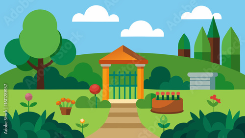 Vector art of a delightful cartoon garden scene featuring a central gazebo, blooming flowers, and scenic hills
