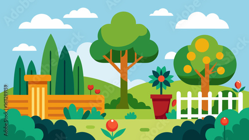 Vector art of a picturesque cartoon garden featuring a variety of trees, flowers, and a classical columned structure