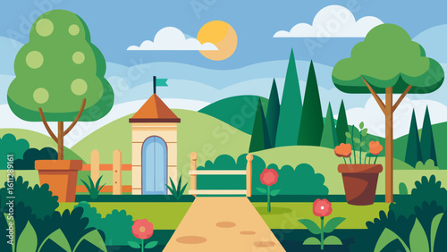 Vector art of a charming garden scene unfolds with a winding path leading towards a quaint cottage, surrounded by lush trees and blooming flowers under a sunny sky