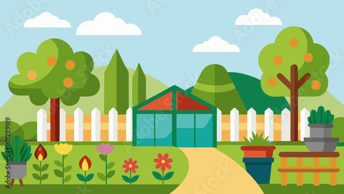 Vector art of a vibrant garden path leads through colorful flowers and green foliage towards a greenhouse, with trees and rolling hills under a bright sky