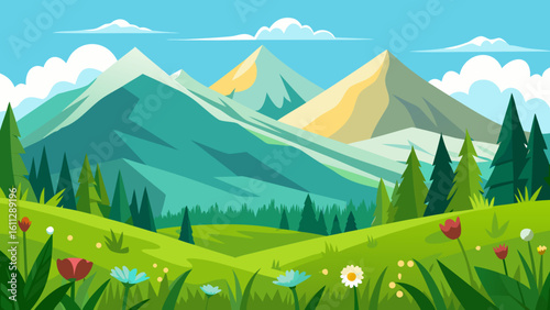 Vector art of majestic mountains rise above rolling green hills and a vibrant meadow dotted with wildflowers, under a clear blue sky with fluffy clouds