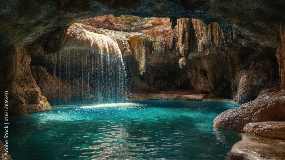 Naklejka premium Serene Cave Oasis: A Tranquil Waterfall and Crystal-Clear Pool Experience