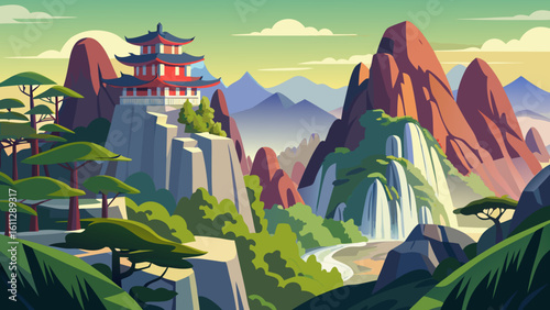 Vector art of an ancient asian temple overlooks a dramatic landscape with waterfalls cascading down steep, rocky mountains