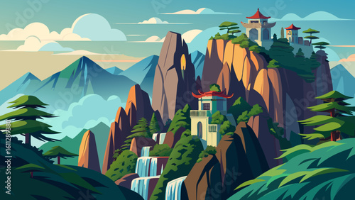 Vector art of cascading waterfalls flow down a mountainside towards a serene temple complex in this breathtaking asian landscape