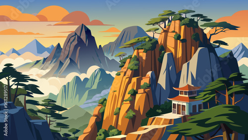 Vector art of golden hour illuminates a breathtaking mountain vista with a solitary temple on a cliffside, overlooking a sea of clouds