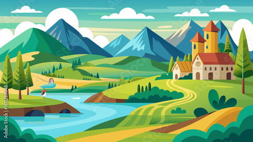 Vector art of a picturesque countryside landscape with rolling green hills, a winding river, and charming houses