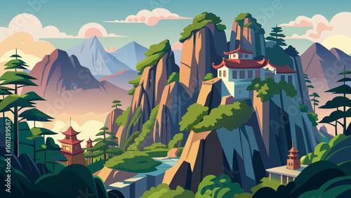 Vector art of majestic mountains with traditional asian temples nestled among lush greenery at sunrise