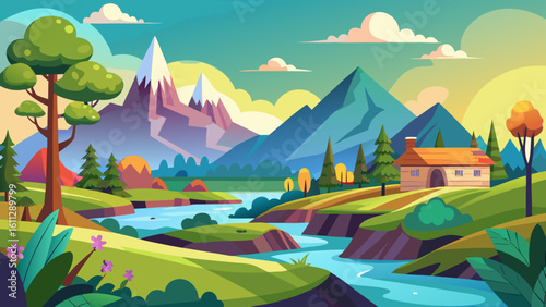 Vector art of a picturesque mountain valley with a flowing river, lush green hills, and a cozy house, under a bright sky