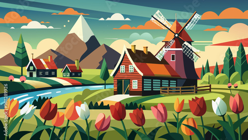 Vector art of a vibrant dutch landscape unfolds with colorful tulips in the foreground, a charming windmill, and quaint houses beside a winding river, under a bright sky
