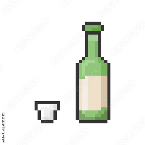 Soju with glass. It is a famous clear, colorless distilled beverage of Korean origin. icon in 8 bit style