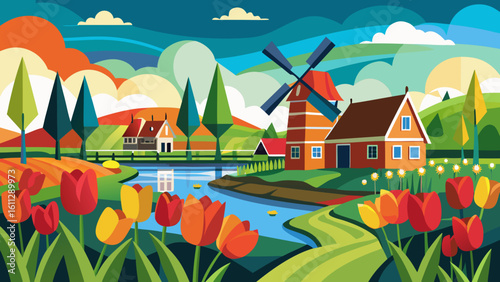 Vector art of a picturesque dutch scene features blooming tulips, a classic windmill, and cozy homes along a serene river, set against rolling green hills
