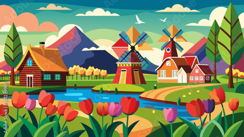 Vector art of two windmills stand tall in a charming dutch village, surrounded by colorful tulips, rolling hills, and a tranquil river under a painted sky