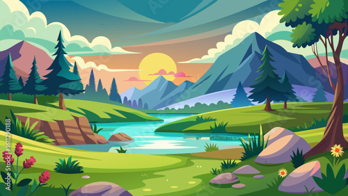 Vector art of a picturesque cartoon landscape features a serene river flowing through rolling hills towards majestic mountains at sunset