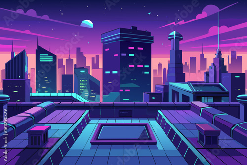 A vibrant urban skyline emerges under the night sky, featuring illuminated buildings and bustling streets