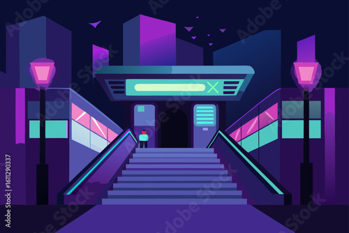 A solitary glass of wine glows in the dim light of an empty, modern office building's architectural corridor, hinting at quiet success