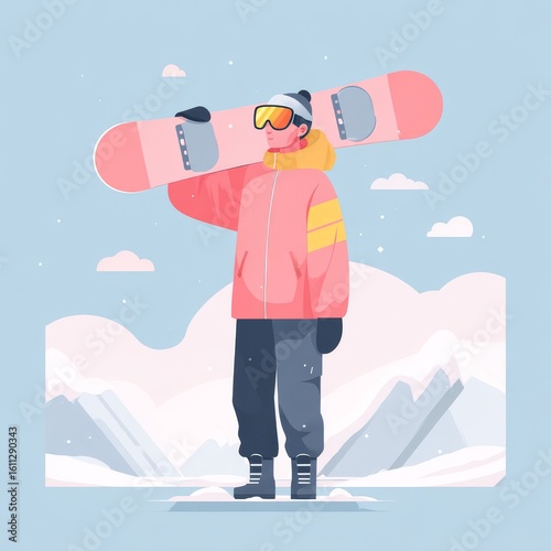 Person Holding Snowboard in Winter Landscape with Blue Sky