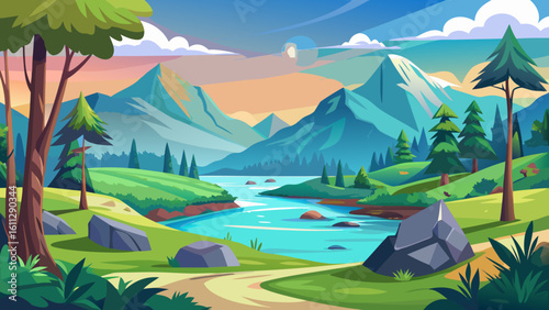 Vector art of a picturesque cartoon landscape reveals a winding river flowing through a valley with mountains and trees under a soft, colorful sky