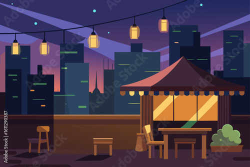 Night city street scene with illuminated building architecture, a cozy cafe, and shop windows reflecting the urban design