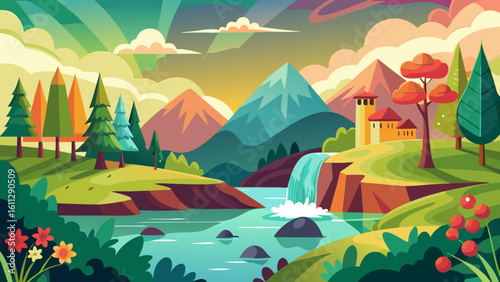 Vector art of a charming cartoon village rests beside a cascading waterfall in a scenic valley with colorful mountains and a bright sky