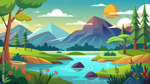 Vector art of a picturesque mountain river landscape unfolds with rolling hills, evergreen trees, and a gentle sun illuminating the serene natural beauty